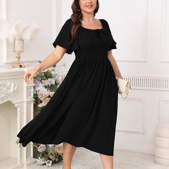 Plus Size Maxi Dress Polyester Short Sleeve Square Neck Smocked Boho Formal - Picture 2 of 6